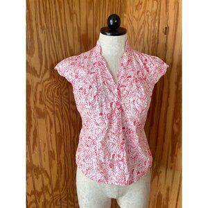 Lilly Putlizer Blouse Button Front Top Cap Sleeve Lobster Print Pink